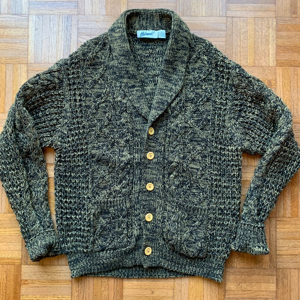Vintage Haband Knit Green & Brown Cardigan, L